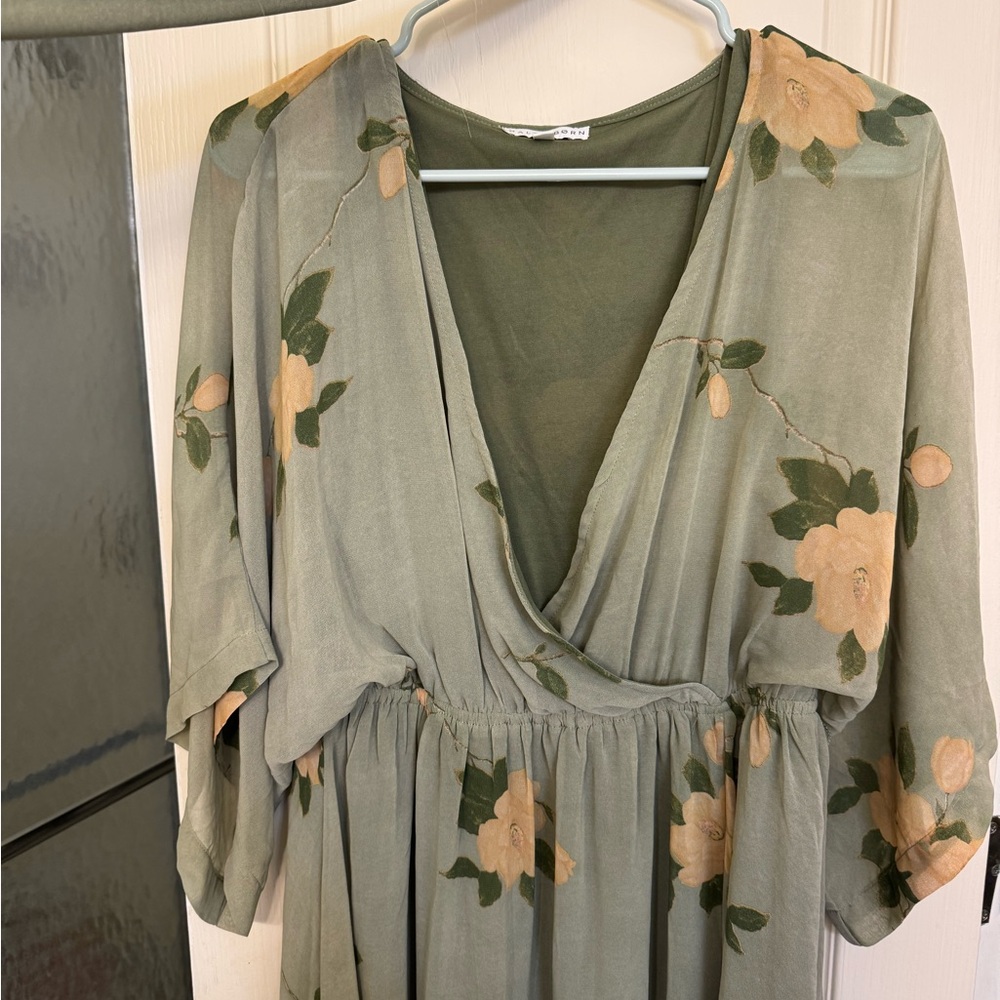 Baltic Born Green Plunge Neck Bishop Sleeve Sundress